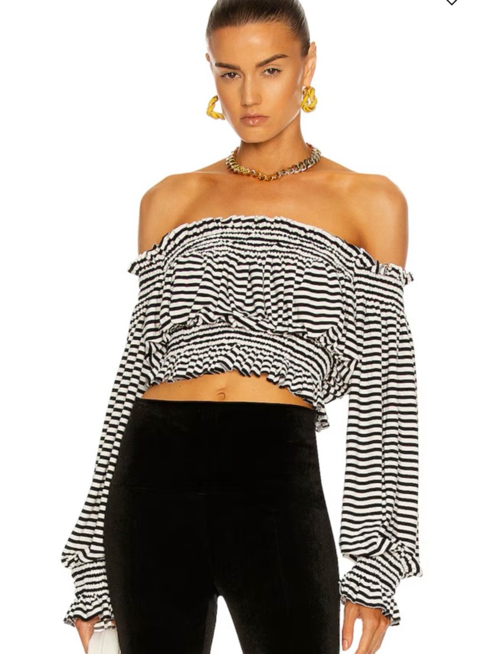NORMA KAMALI CROPPED PEASANT TOP Off-Shoulder Smocked - Black & White STRIPED